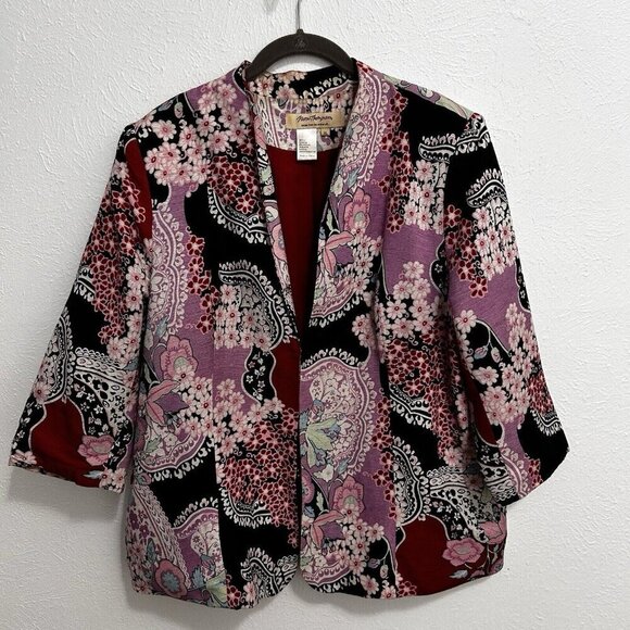 Norm Thompson Red Pink Floral Jacket Blazer Silk Blend Lined Evening Artsy Sz XL - Picture 1 of 8
